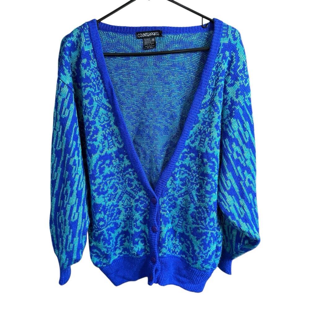 Vtg 80s Counterparts Blue Cardigan Men's M Floral Eclectic Grandpacore Cosby